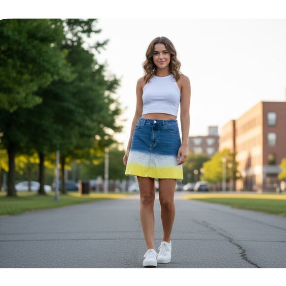 WILD FABLE Ombré Blue White  To Yellow Fade Stretch Denim Jean Mini Skirt Sz 16 - Picture 1 of 9